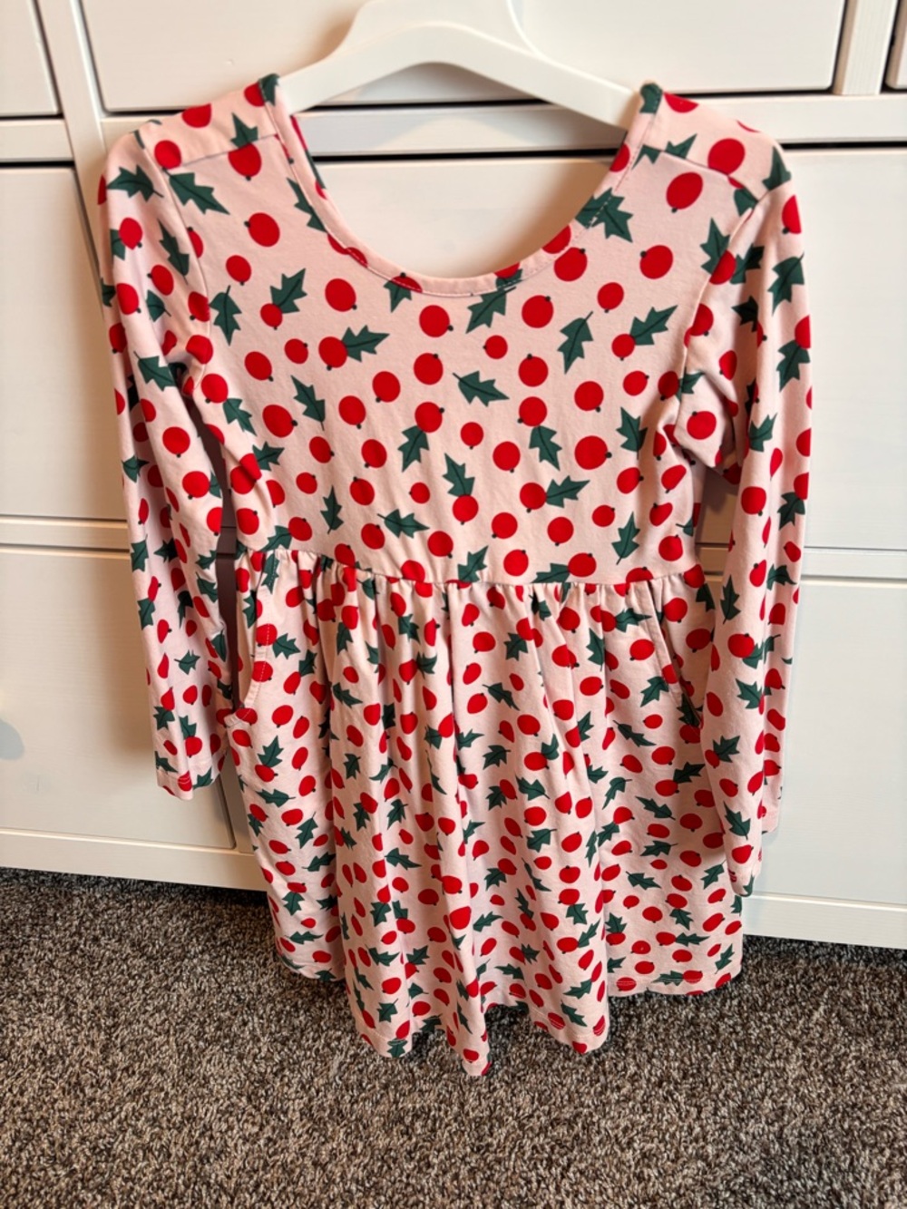 Hanna Anderson Girls Holiday Holly & Berry Dress - Pink with Red & Green Print